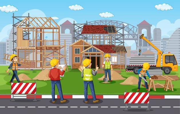 building-construction-site-with-workers-free-vector